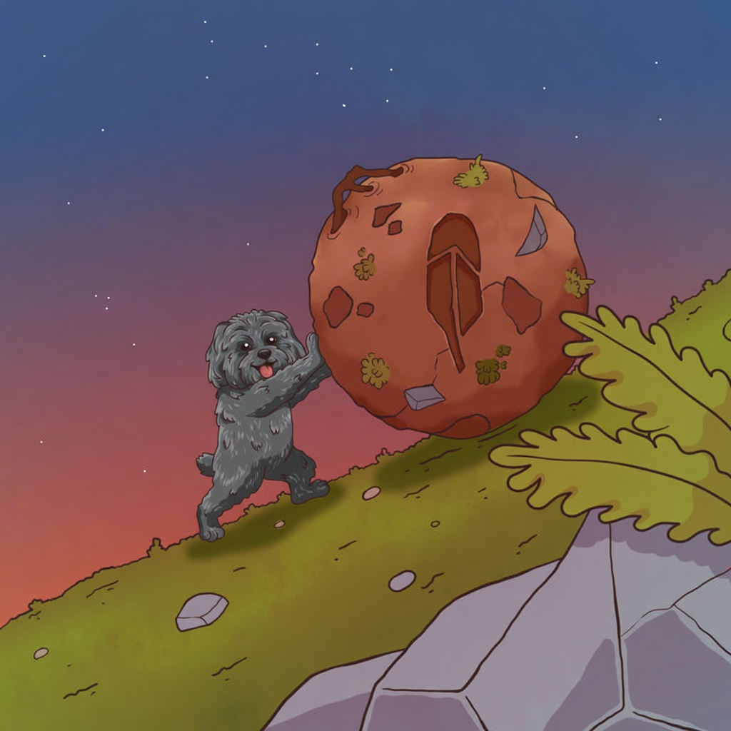 Broski pushing a boulder up a hill like Sisyphus