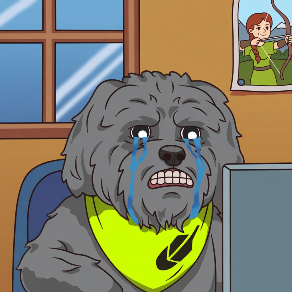 Teary-eyed Broski at a computer