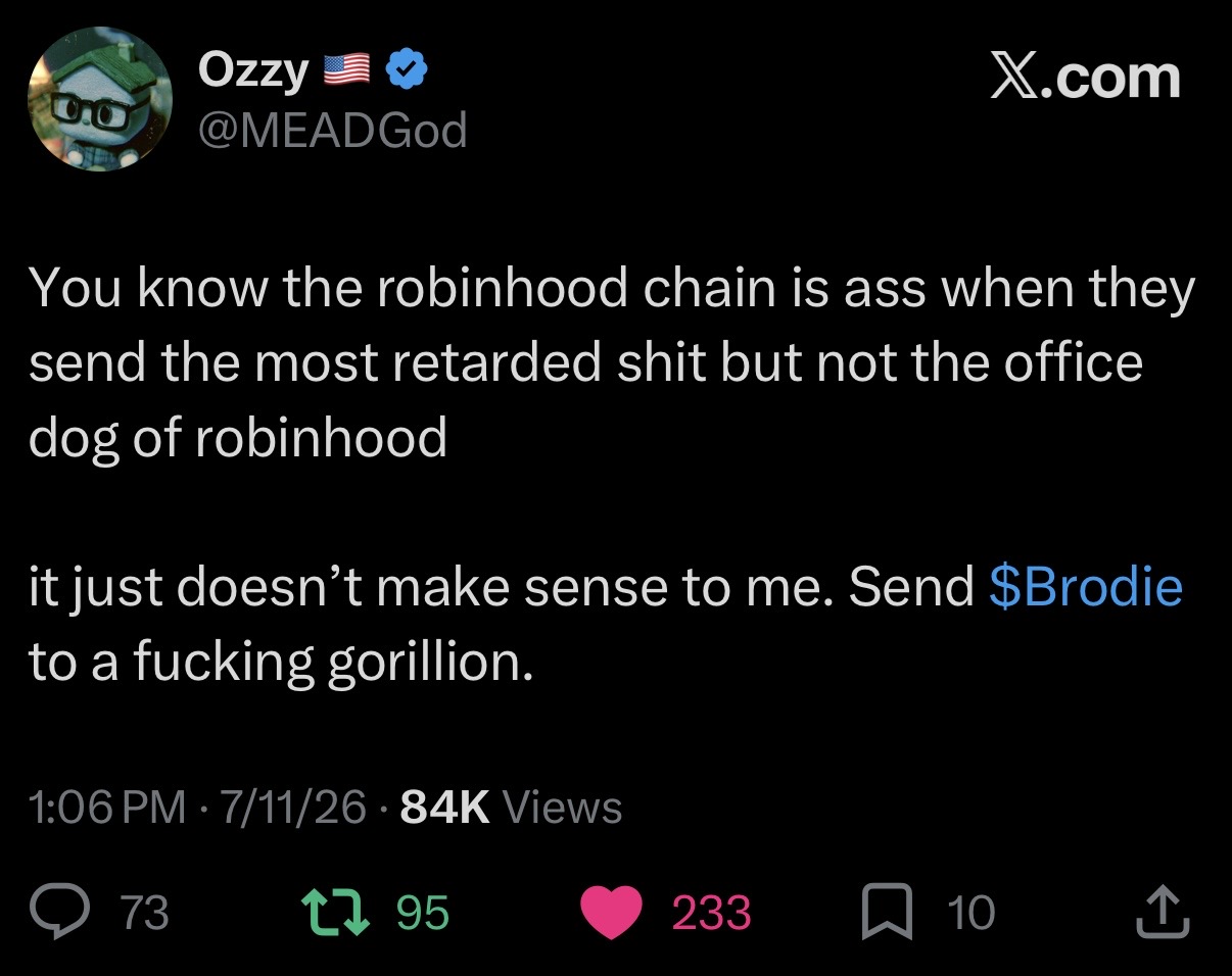Tweet from @MEADGod about sending $Broski to a gorillion