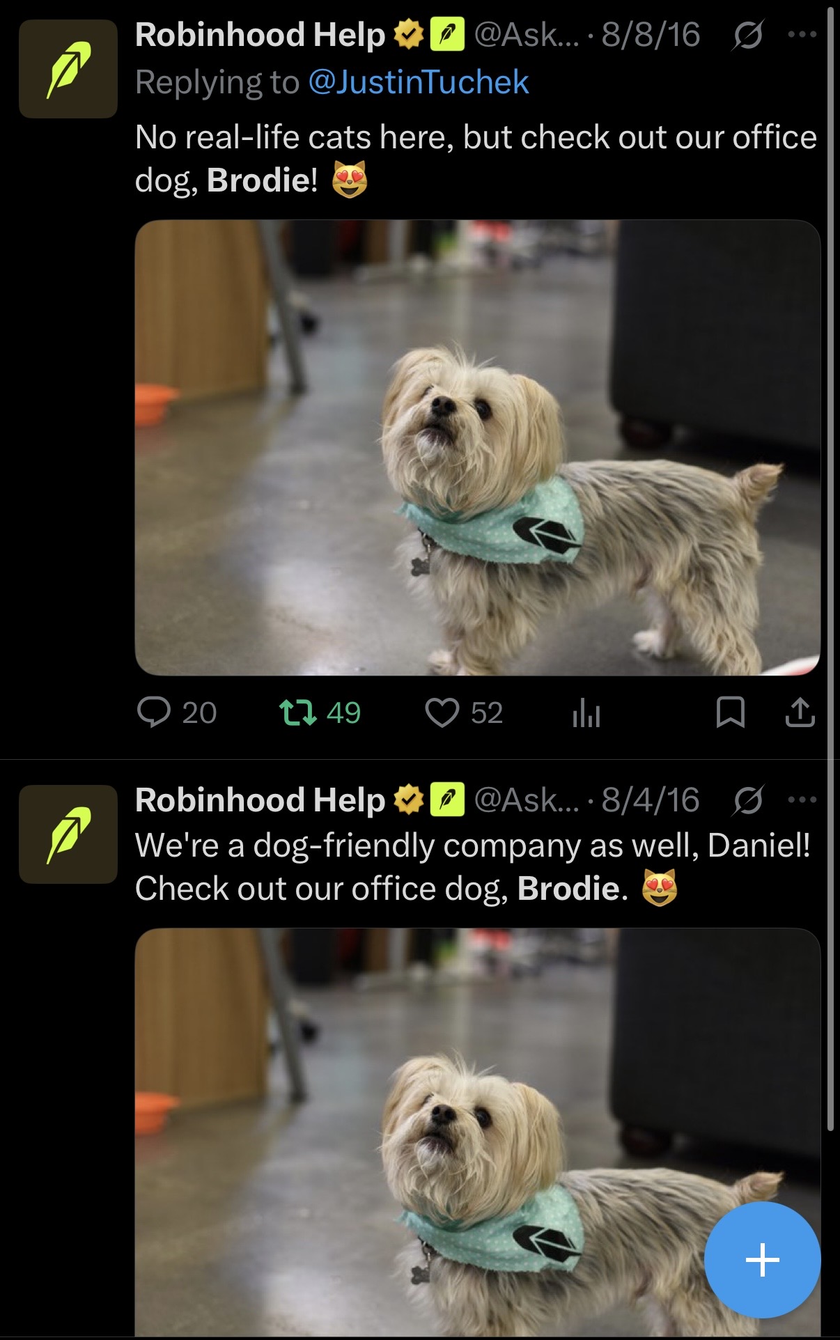 Two 2016 @AskRobinhood tweets: no cats, but check out our office dog, Broski